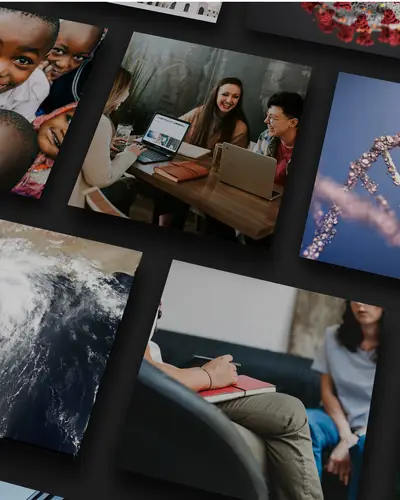 A collage of diverse images showcases healthcare, nature, technology, and human connection.